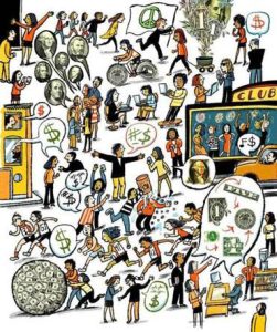 a cartoon illustration of many people running and talking about money